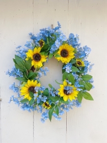 Blue Forget Me Not and Sunflowers Silk Everlasting Door Wreath