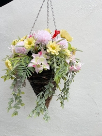 Pink and Lemon Silk Everlasting Flowers Artificial Hanging Basket