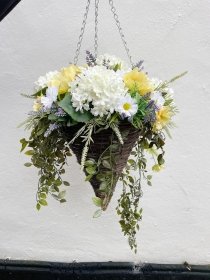White and Lemon Silk Everlasting Flowers Artificial Hanging Basket