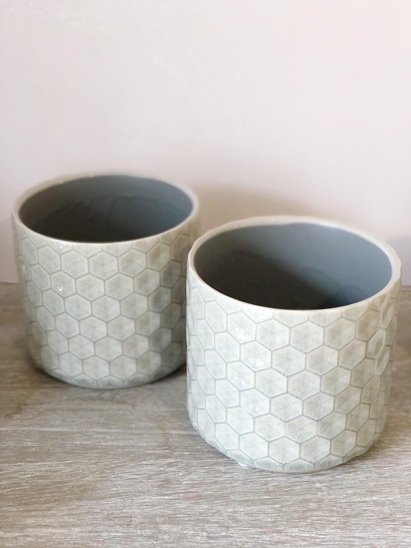 Gisela Graham Grey Geometric Ceramic Plant Pot Holder Cover Honeycomb Vintage Crackle Glazed 5030026206419 